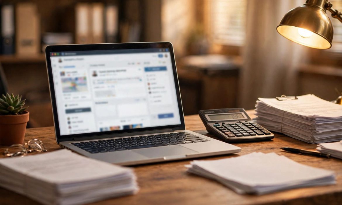 Accountant's desk with laptop showing social media dashboard, calculator and paperwork