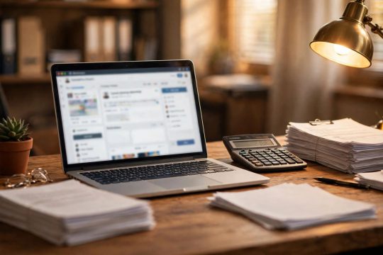 Accountant's desk with laptop showing social media dashboard, calculator and paperwork