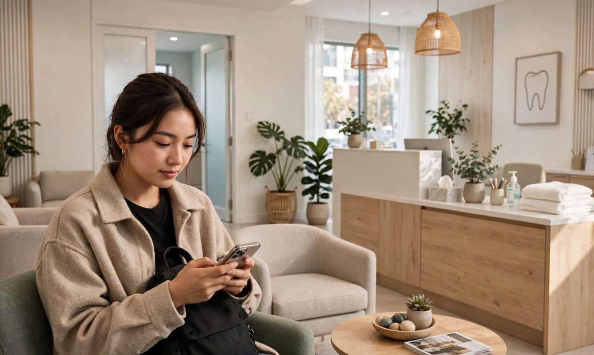 Patient booking a dental appointment on a smartphone in a modern clinic reception