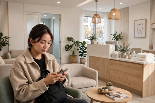 Patient booking a dental appointment on a smartphone in a modern clinic reception