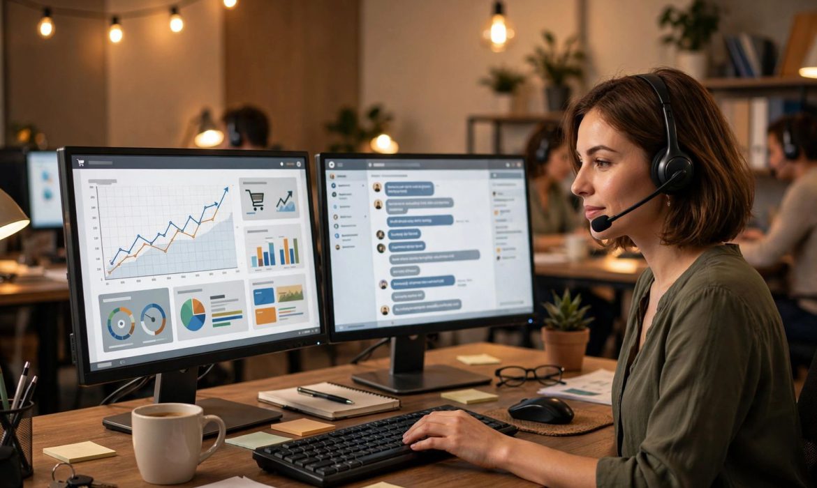 Customer support agent with headset at desk with online store dashboard and live chat