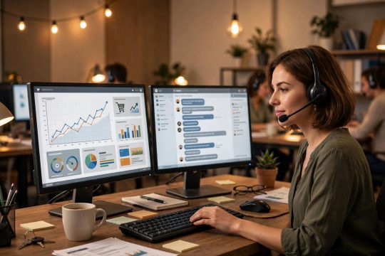 Customer support agent with headset at desk with online store dashboard and live chat