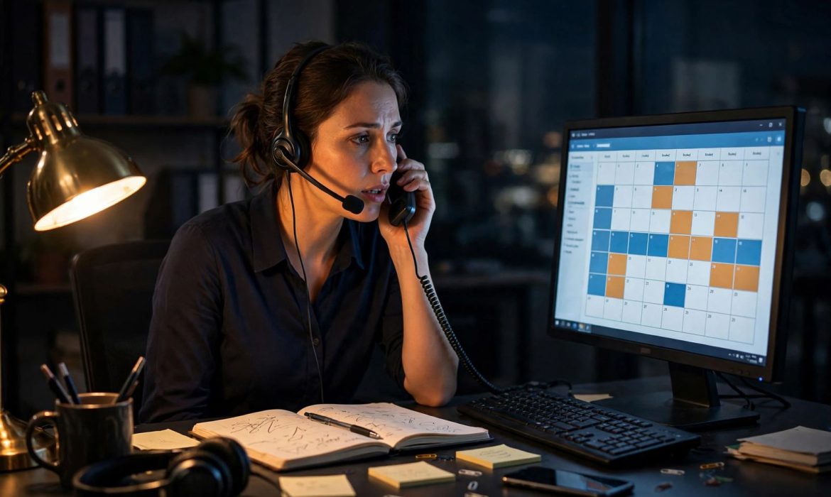Customer service agent with headset taking an emergency call at night