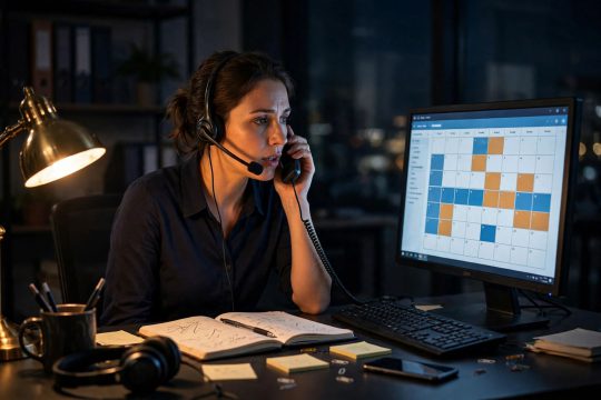 Customer service agent with headset taking an emergency call at night