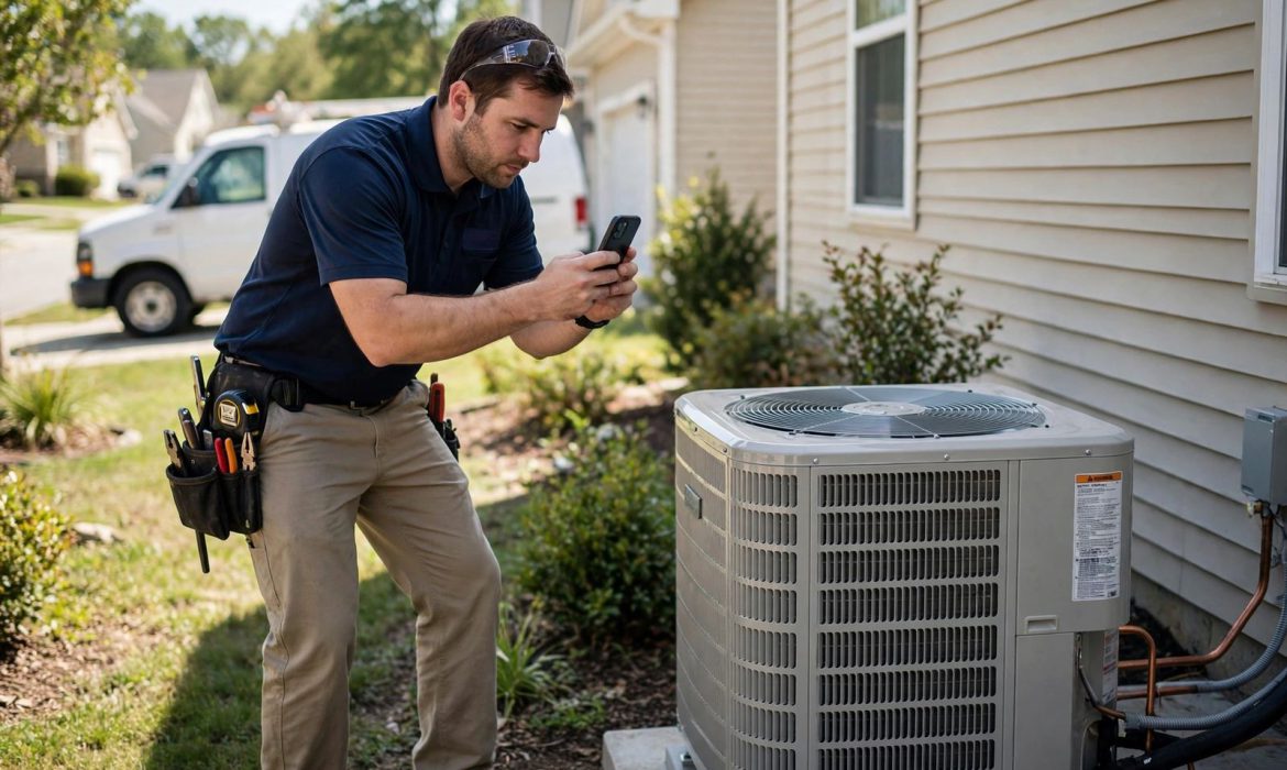 HVAC technician photographing a newly installed AC unit with smartphone