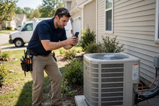 HVAC technician photographing a newly installed AC unit with smartphone