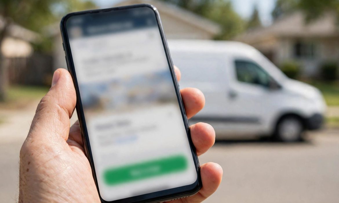 Smartphone showing HVAC company website with Call Now button in front of service van