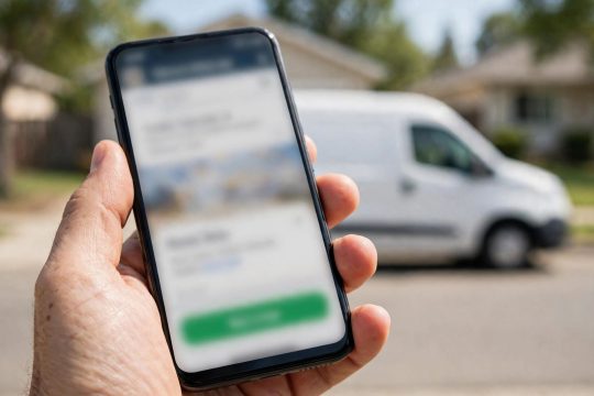 Smartphone showing HVAC company website with Call Now button in front of service van