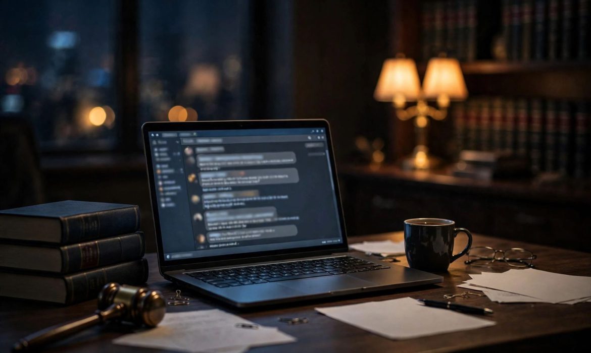Lawyer's desk at night with laptop showing chat window, law books and lamp