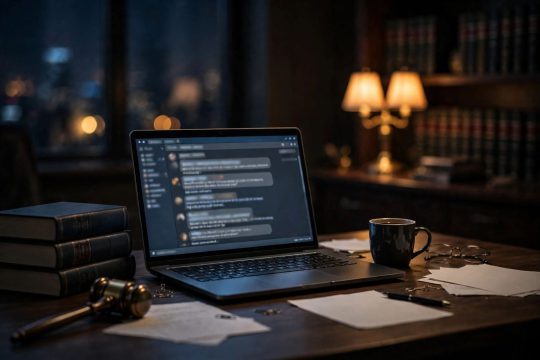 Lawyer's desk at night with laptop showing chat window, law books and lamp