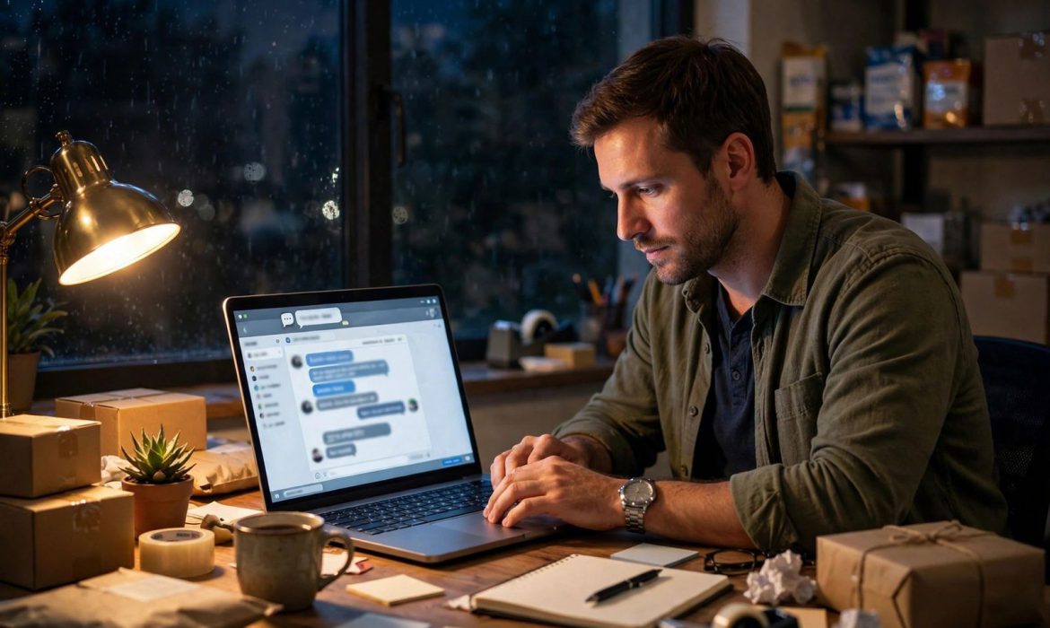Small business owner working on laptop at night with live chat window open
