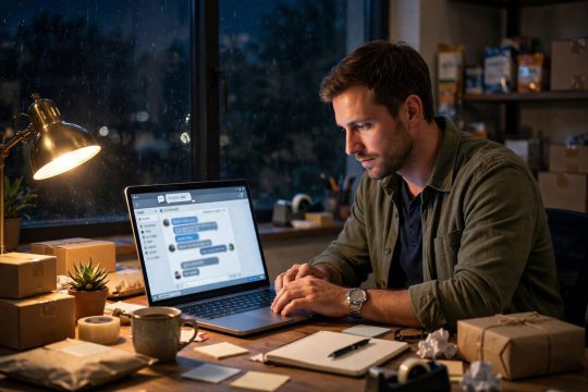 Small business owner working on laptop at night with live chat window open