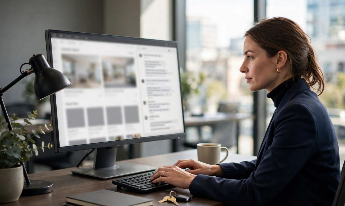 Real estate agent at a desk with property listings and live chat on the monitor