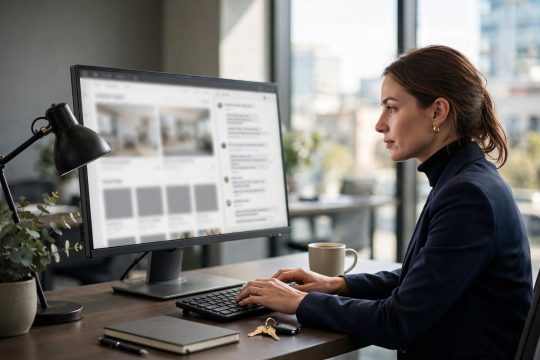 Real estate agent at a desk with property listings and live chat on the monitor