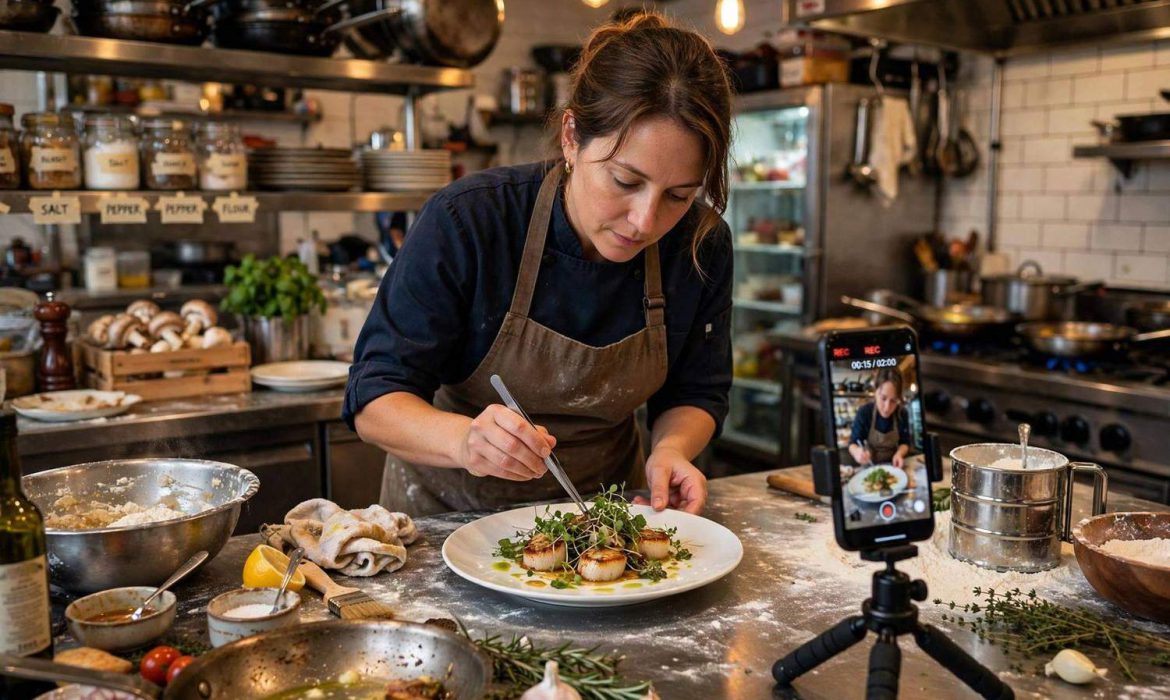 Chef plating a dish in a restaurant kitchen while a smartphone on a tripod records content