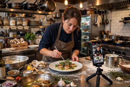 Chef plating a dish in a restaurant kitchen while a smartphone on a tripod records content