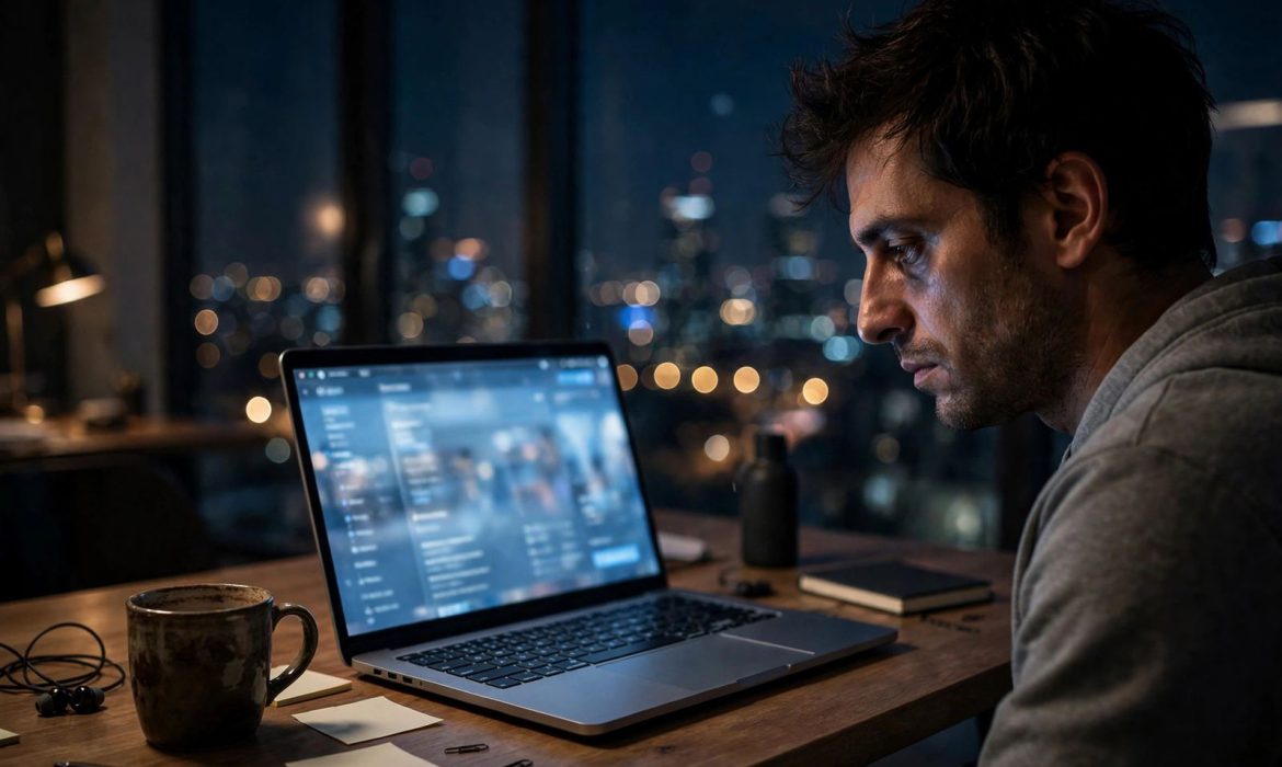 Startup founder working late on laptop with support dashboard, city lights behind