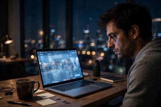 Startup founder working late on laptop with support dashboard, city lights behind