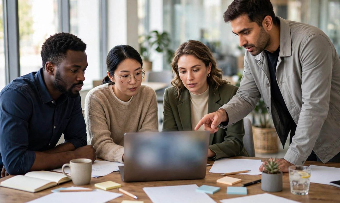 Small business team collaborating around a table with a laptop in a modern office