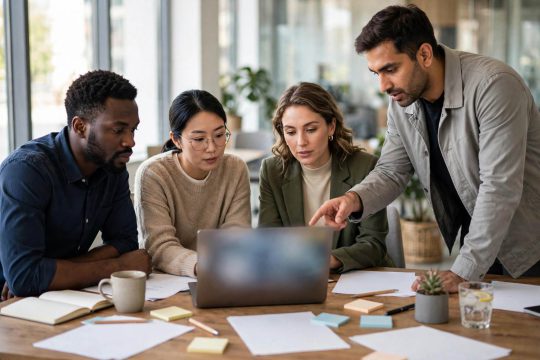 Small business team collaborating around a table with a laptop in a modern office