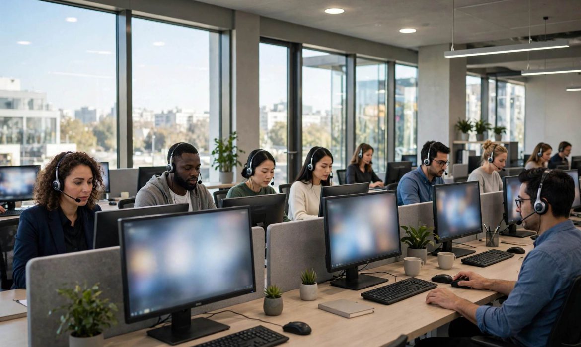 Professional call center team with headsets in a bright modern office