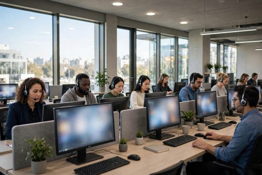 Professional call center team with headsets in a bright modern office