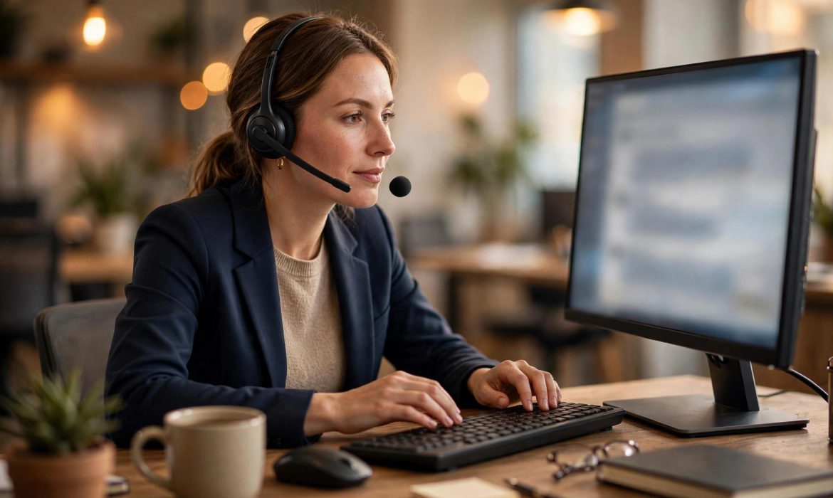 Customer support agent with headset answering live chats in a modern office