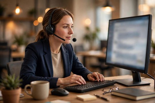 Customer support agent with headset answering live chats in a modern office