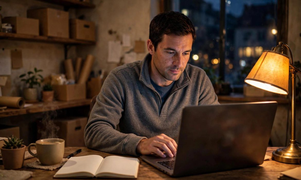 Small business owner working on laptop in a cozy office in the evening