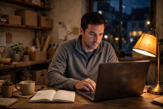 Small business owner working on laptop in a cozy office in the evening