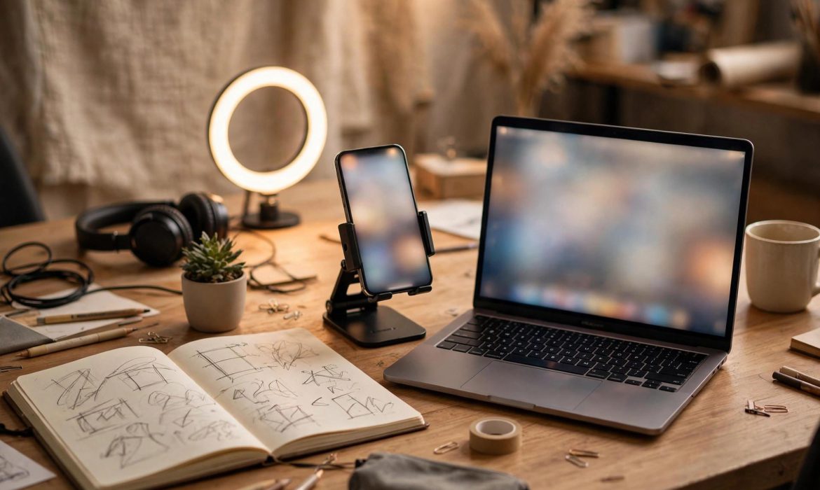 Content creator desk with smartphone, laptop and ring light for social media work
