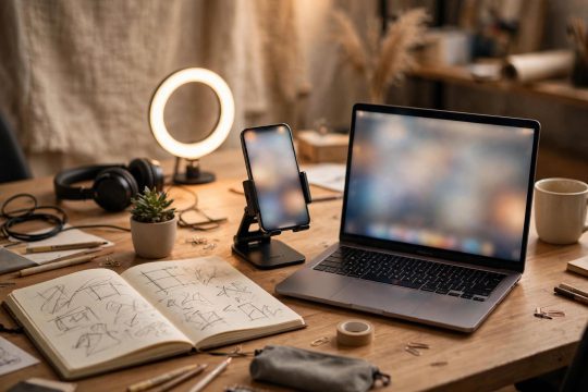 Content creator desk with smartphone, laptop and ring light for social media work
